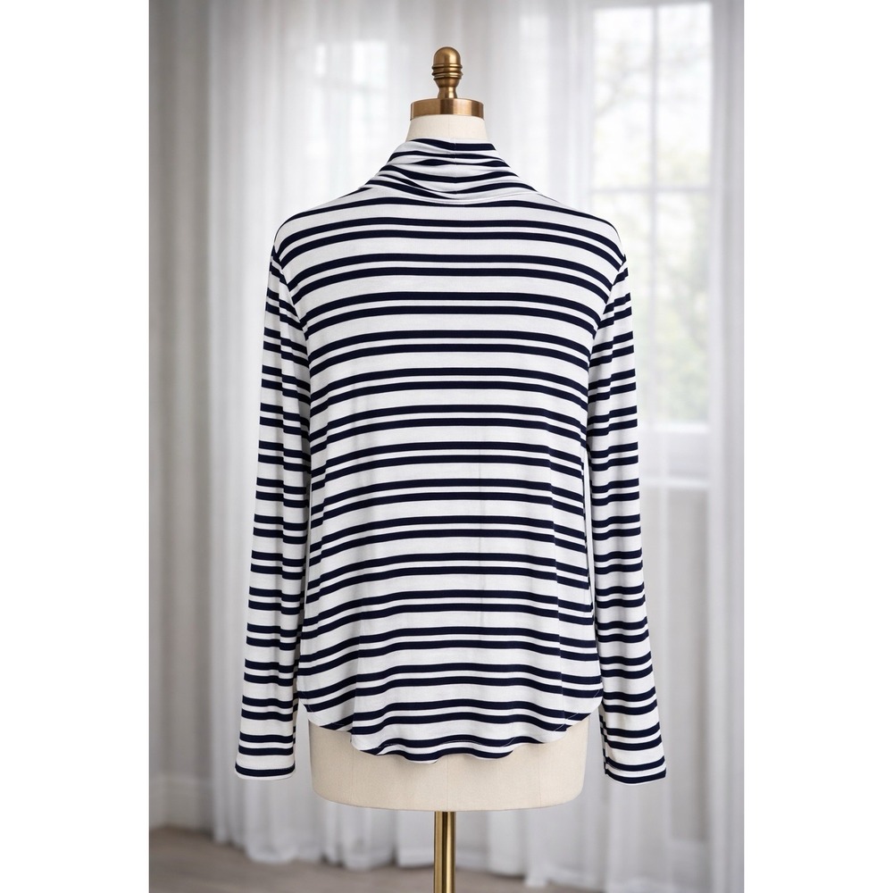 Old Navy Luxe Curved Hem Turtleneck Top Thin‎ Navy Blue White Striped Coastal XL